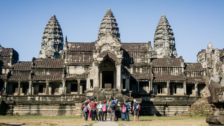Siem Reap, Cambodia, December 06, 2015: Front view of Angkor Wat temple in Cambodia. Angkor Wat is one of the famous tourist attraction in the world, located at Cambodia.のeditorial素材