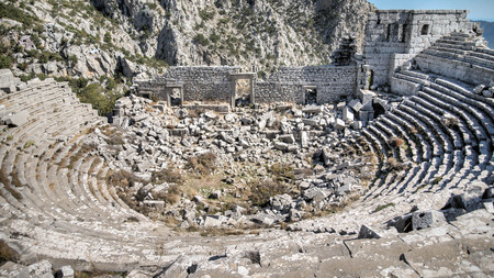 Antalya, Turkey - October 24, 203: Top view of amphitheater of Termessos Antique City in Antalya.のeditorial素材