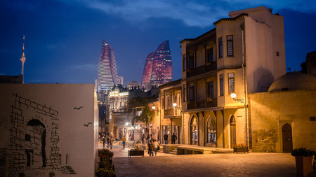 Baku, Azerbaijan - October 18, 2014: Panoramic view of Baku, from the old city looking at Flame Towers at nightのeditorial素材
