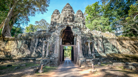 Siem Reap, Cambodia, December 06, 2015: The Bayon gate of Angkor Thom the ancient Khmer empire in Siem Reap, Cambodia.のeditorial素材