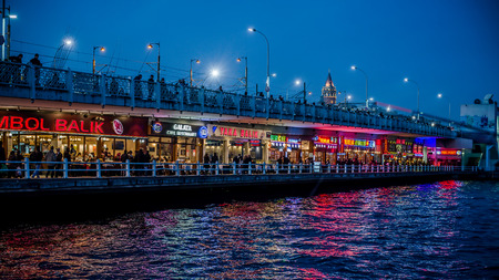 Istanbul, Turkey - December 15, 2012: Famous Galata Bridge, connecting the Golden Horn and Bosphorus in Istanbul at nightのeditorial素材