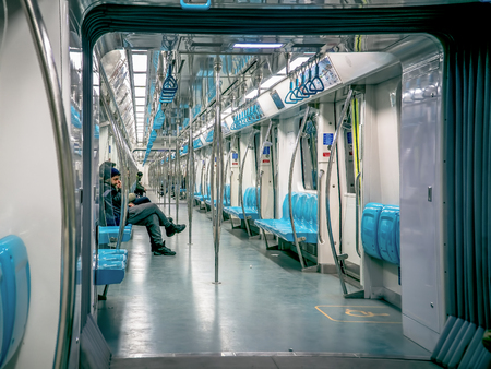 Istanbul, Turkey - February 21, 2017: People in a train of istanbul Metro. The Istanbul Metropolitan is serving over 500 million passengers per year.のeditorial素材