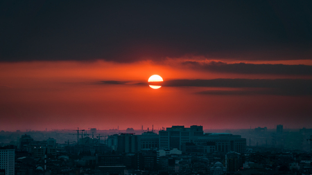 Istanbul, Turkey - January 3, 2017: Sunset over mass housing in Istanbulのeditorial素材