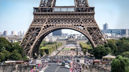 Paris, France - September 10, 2016: The legs of Eiffel Tower with tourist crowd waiting in linesのeditorial素材