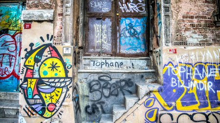 Istanbul, Turkey - April 11 2015: A wall with graffiti from Tophane district in Istanbul, Turkeyのeditorial素材