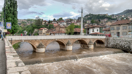 Bridge on Miljacka river in Sarajevo the capital city of Bosnia and Herzegovinaのeditorial素材
