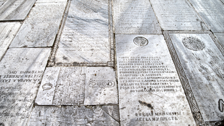 istanbul, Turkey - April 5 2015: Tombstones used as tiles at the Monastery of the Mother of God, Zeytinburnu, Istanbul, Turkeyのeditorial素材