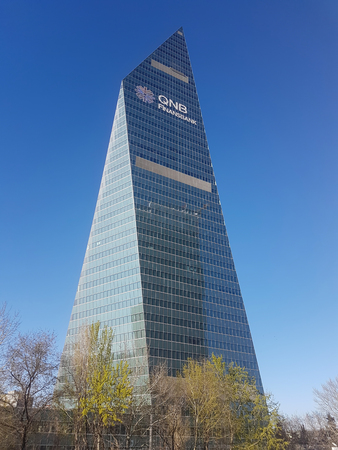 Istanbul, Turkey - March 2017: The futuristic skyscraper, headquarters building of Finansbank in 4th Levent Distric of Istanbul.のeditorial素材