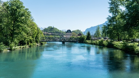 Interlaken, Switzerland - May 2017: Scenery of fishing village Iseltwiald on Brienz lake in Interlaken, Switzerland.のeditorial素材