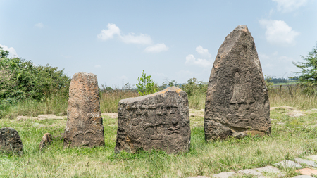 Tiya, Ethiopia - September 2017: Megalithic Tiya stone pillars, a UNESCO World Heritage Site near Addis Ababaのeditorial素材