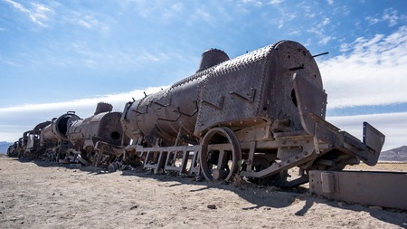 Uyuni, Bolivia - September 2017: Rusty old train at the Train Cemetery in Uyuni desert, Bolivia, South Americaの写真素材