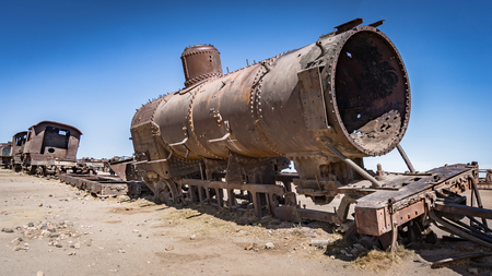 Uyuni, Bolivia - September 2017: Rusty old train at the Train Cemetery in Uyuni desert, Bolivia, South Americaのeditorial素材