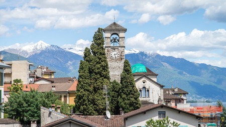 Brissago, Switzerland, May 2017: View of the small town Brissago on the lake side of Maggiore lake in Ticino, Switzerlandのeditorial素材