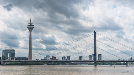 DUSSELDORF, GERMANY - June 2016: Dusseldorf skyline with landscape of Rhein river in Nordrhein-Westfalenのeditorial素材