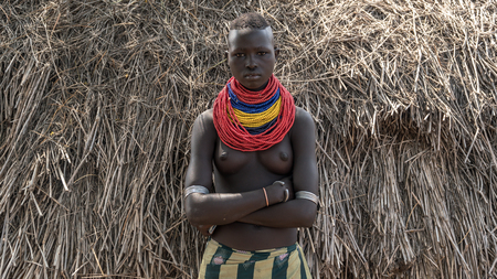 Omo valley, Ethiopia, September 2017: Portrait of unidentified Karo tribe woman in Colcho, Omo Valley, Ethiopia.のeditorial素材