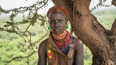 Omo valley, Ethiopia, September 2017: Portrait of unidentified Karo tribe woman in Colcho, Omo Valley, Ethiopia.のeditorial素材