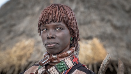 Omo Valley, Ethiopia - September 2017: Unidentified woman from the tribe of Hamar in the Omo Valley of Ethiopiaのeditorial素材