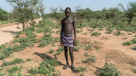 Omo, Ethiopia - September 2017: Portrait of an unidentified Ethiopian tribal boyのeditorial素材