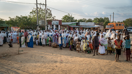 Turmi, Ethiopia - September 2017: Unidentified Ethiopian people celebrating the Meskel festival in Ehtiopia. Meskel commemorates the finding of the True Crossのeditorial素材