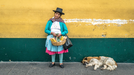Lima, Peru - August 2017: Portrait of an unidentified Peruvian Woman in Native Clothing in Lima, Peruのeditorial素材