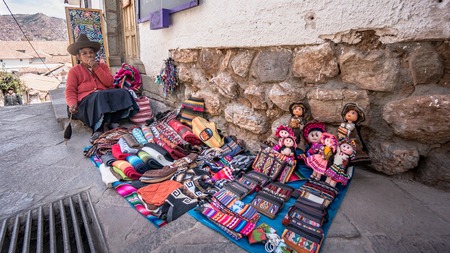 Cusco, Peru - August 2017: Portrait of an unidentified Peruvian Woman selling handycraft items at Market in Cusco, Peruのeditorial素材