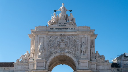 Lisbon, Portugal - April 2018: The Triumphal Rua Augusta Arch, Arco Triunfal da Rua Augusta at Lisbon City Center, Portugalのeditorial素材