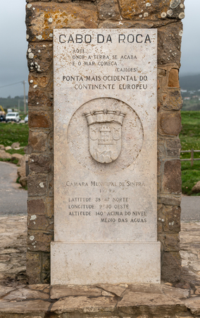 Cabo da Roca, Portugal - April 2018: Monument indicating the western point of Europe, Sintra, Portugalのeditorial素材
