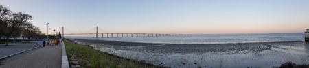 Lisbon, Portugal - April 2018: Panoramic view of Vasco da Gama Bridge in Lisbon, Portugal