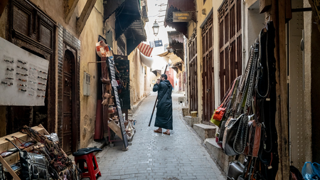 Fez, Morocco - April 2018: Anonymous man in the street of Medina of Fez, Morocco.のeditorial素材