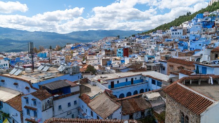 Chefchaouen, Morocco - April 2018: Chefchaouen panorama, blue city skyline on the hill, Moroccoのeditorial素材