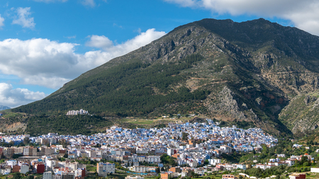 Chefchaouen, Morocco - April 2018: Chefchaouen panorama, blue city skyline on the hill, Moroccoのeditorial素材