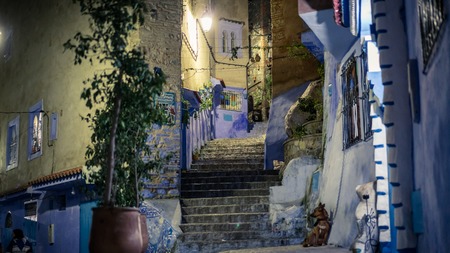 Chefchaouen , Morocco - April 2018: Beautiful blue medina of Chefchaouen city at night in Morocco, North Africaのeditorial素材