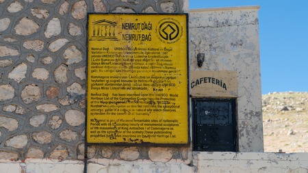 Adiyaman, Turkey - July 2018: Entrance sign for the peak of Nemrut Mountain for Commagene statue ruins in Adiyaman, Turkeyのeditorial素材