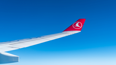 Istanbul, Turkey - July 2018: Turkish Airlines airplane wing at the skyのeditorial素材