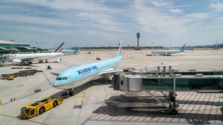 Incheon, South Korea - August 2018: View of airplanes from at Incheon International Airport ICN, the...