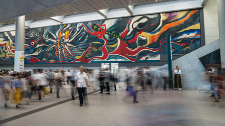 Tokyo, Japan - August 2018: Long exposure of commuters hurry during rush hour in Shibuya train stationのeditorial素材