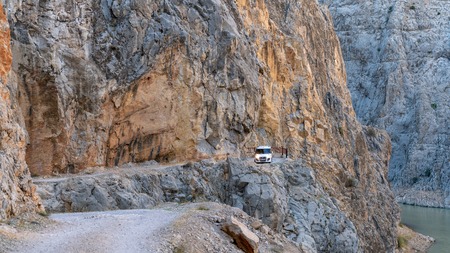 Kemaliye, Turkey - October 2018: A car driving through stone road in Kemaliye Egin town of Erzincan, Turkeyのeditorial素材