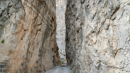 Kemaliye, Turkey - October 2018: A car driving through stone road in Kemaliye Egin town of Erzincan, Turkeyのeditorial素材