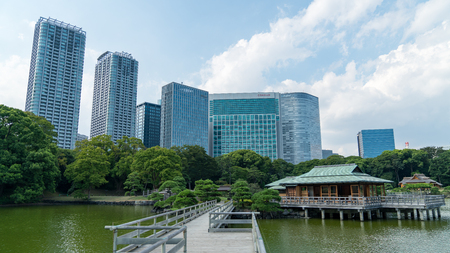 Tokyo, Japan - August 2018: Hamarikyu Gardens is a large and attractive landscape garden in Tokyo, Chuo district, Sumida River, Japanのeditorial素材