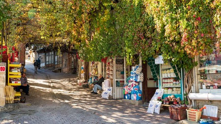 Kemaliye, Turkey - October 2018: A street view from Kemaliye town of Erzincan, full of small local stores, Erzincan, Turkeyのeditorial素材