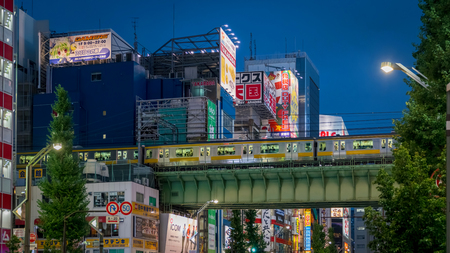 Tokyo, Japan - August 2018: Akihabara Electric Town district in the evening with colorful lights and...