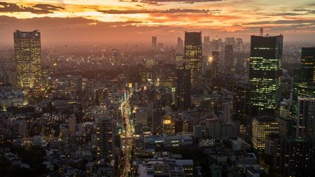 Tokyo, Japan - August 2018: Tokyo skyline during sunset as seen from the Tokyo Tower, Japan