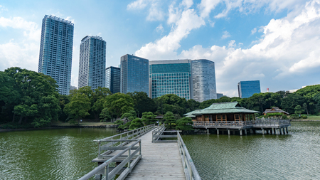 Tokyo, Japan - August 2018: Hamarikyu Gardens is a large and attractive landscape garden in Tokyo, Chuo district, Sumida River, Japanのeditorial素材
