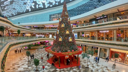 istanbul, Turkey - December 2018: New year decoration with a huge christmas tree in Vadistanbul shopping mall, istanbul, Turkeyのeditorial素材