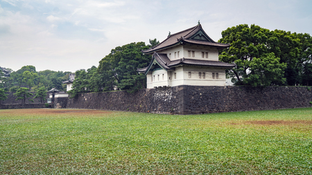 Tokyo, Japan - August 2018: Guard Tower at the Imperial Palace in Tokyo with buildings of Otematchiのeditorial素材