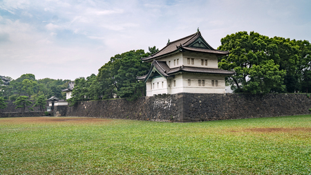Tokyo, Japan - August 2018: Guard Tower at the Imperial Palace in Tokyo with buildings of Otematchiのeditorial素材