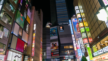 Shinjuku Tokyo, Japan - August 2018: Godzilla junction is a famous place in Shinjuku Tokyo with entertainment, bar and restaurant zone, Tokyo, Japanのeditorial素材