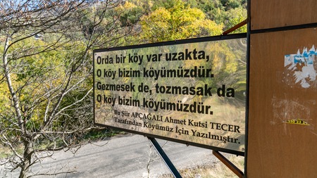 Erzincan, Turkey - October 2018: Signboard shows direction of Apcaga Village,a popular village for...
