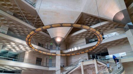 Doha, Qatar - February 2019: Inside view of the iconic Museum of Islamic Art building designed by...
