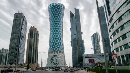 Doha, Qatar - February 2019: Skyscrapers in Financial District skyline in West Bay, Doha, Qatarのeditorial素材